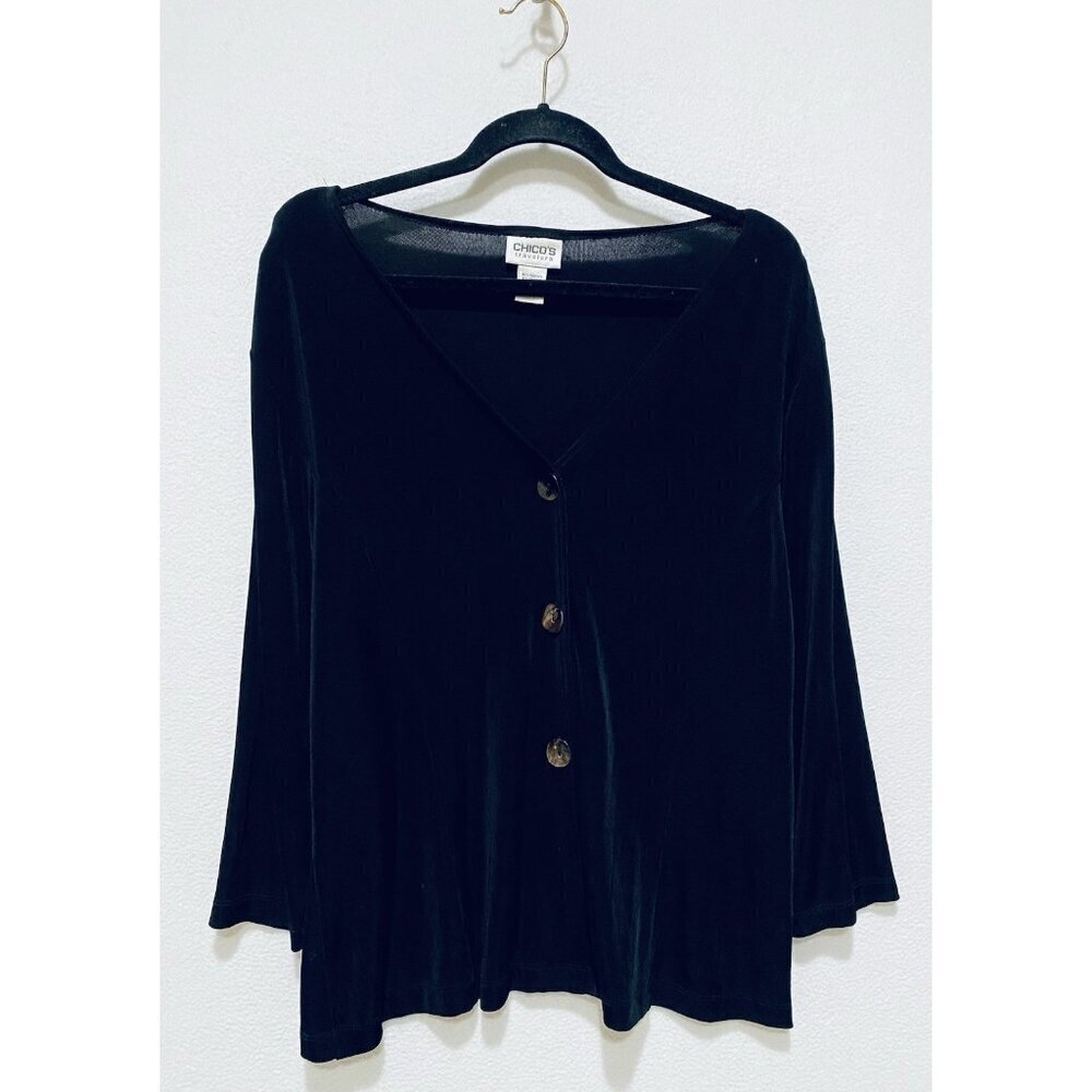 Chicos Travelers Top Womens XL Black Button Up V Neck Minimalist Lagenlook